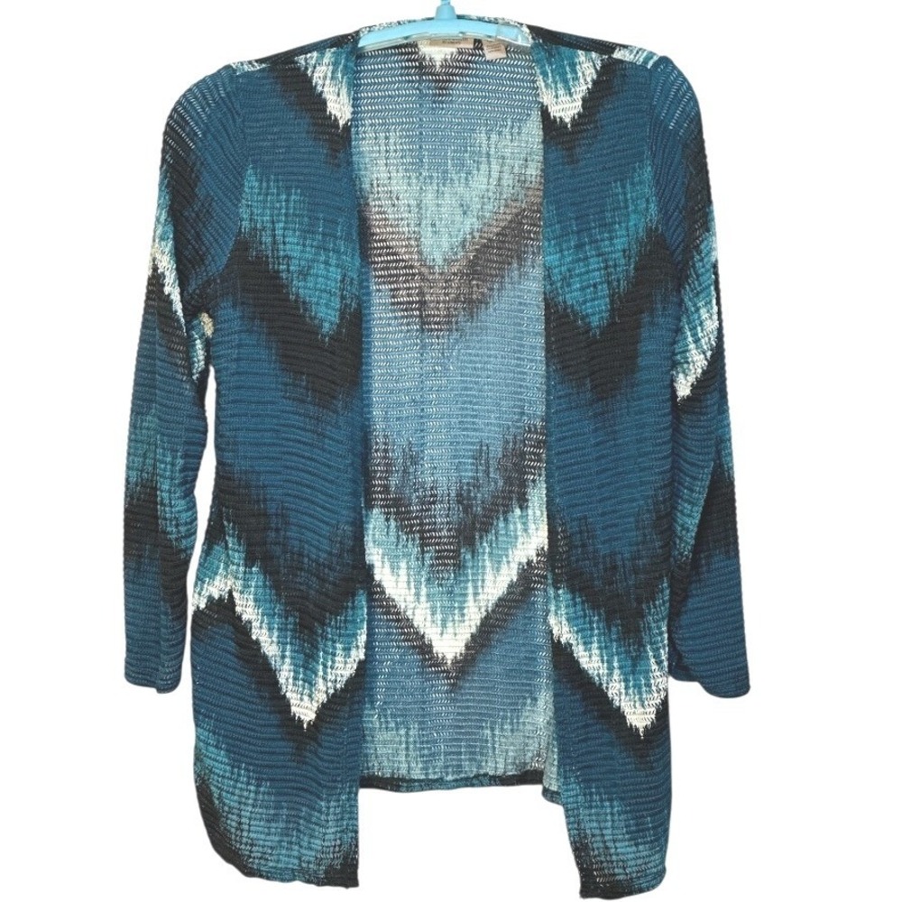 Easywear by Chicos Open‎ Front Cardigan Blue Black White Chevron Resortwear 1